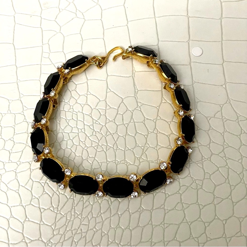 9” Black & Gold Link Bracelet | Oval Stones + CZ Detail